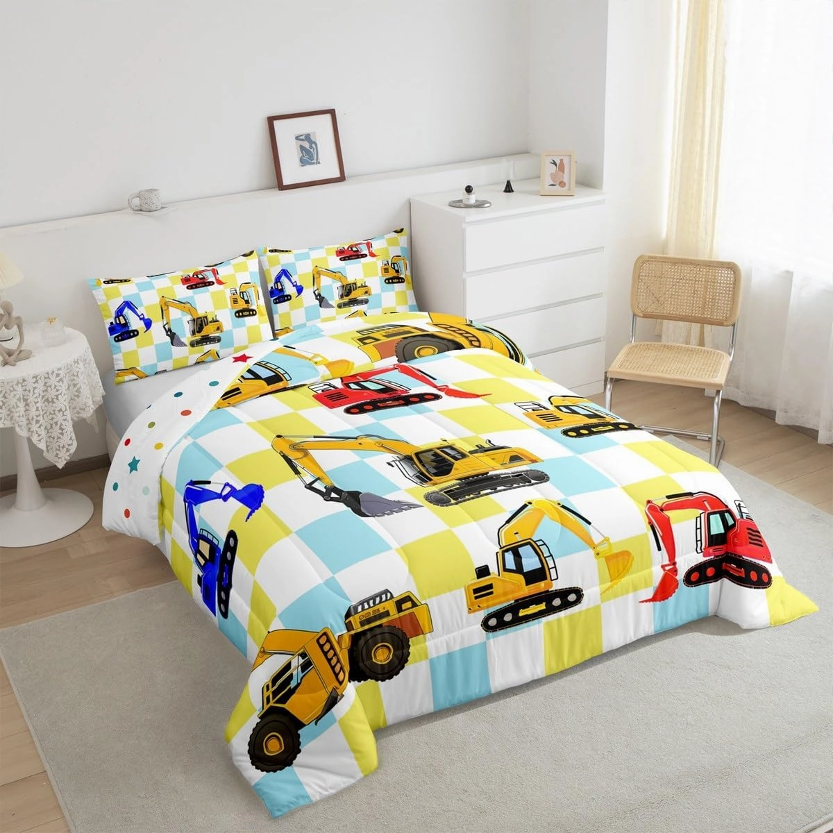 Manfei Cartoon Cars Comforter Set Toddler Size,Cute Excavator Equipment Construction Vehicles Bedding Set 2 Pcs for Boys Girls,Geometric Teal Blue Checker Plaids Comforter,1 Pillowcase