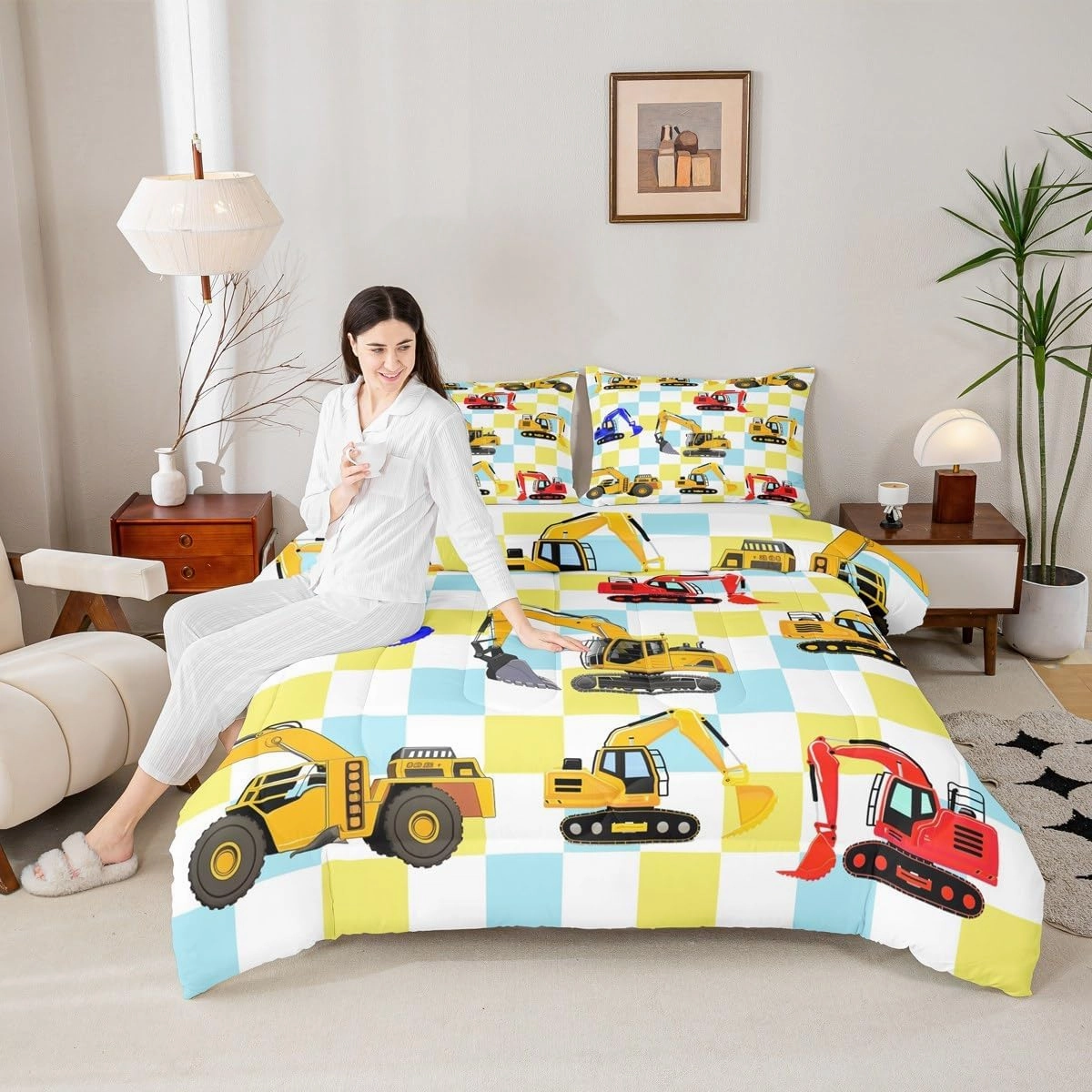 Manfei Cartoon Cars Comforter Set Toddler Size,Cute Excavator Equipment Construction Vehicles Bedding Set 2 Pcs for Boys Girls,Geometric Teal Blue Checker Plaids Comforter,1 Pillowcase