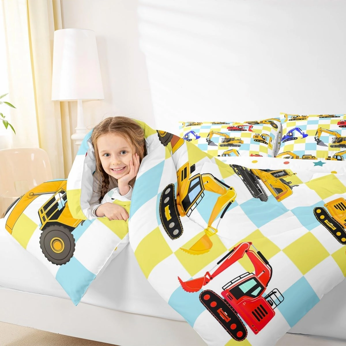 Manfei Cartoon Cars Comforter Set Toddler Size,Cute Excavator Equipment Construction Vehicles Bedding Set 2 Pcs for Boys Girls,Geometric Teal Blue Checker Plaids Comforter,1 Pillowcase