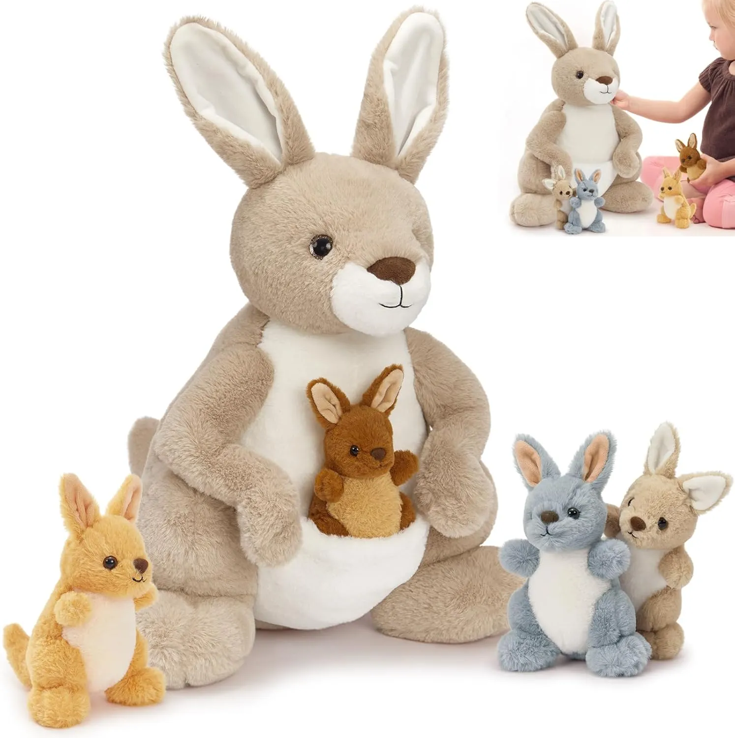 MaoGoLan 5 Pcs Kangaroo Stuffed Animals with Pouch for Girl,20" Kangaroo Plush with 4 Small Babies Wallaby for Party Favor,Mama Baby Wallaby Stuffed Animal for Christmas Birthday