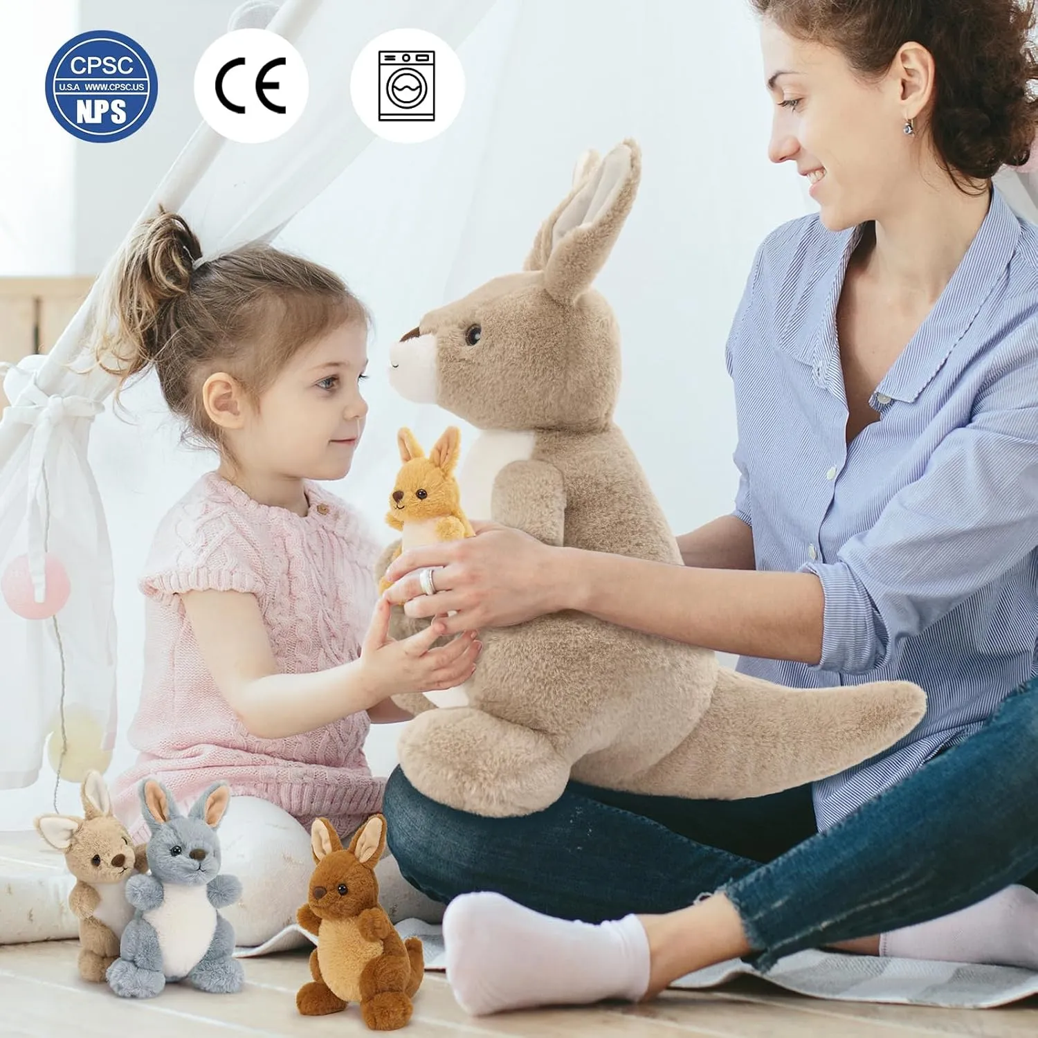 MaoGoLan 5 Pcs Kangaroo Stuffed Animals with Pouch for Girl,20" Kangaroo Plush with 4 Small Babies Wallaby for Party Favor,Mama Baby Wallaby Stuffed Animal for Christmas Birthday