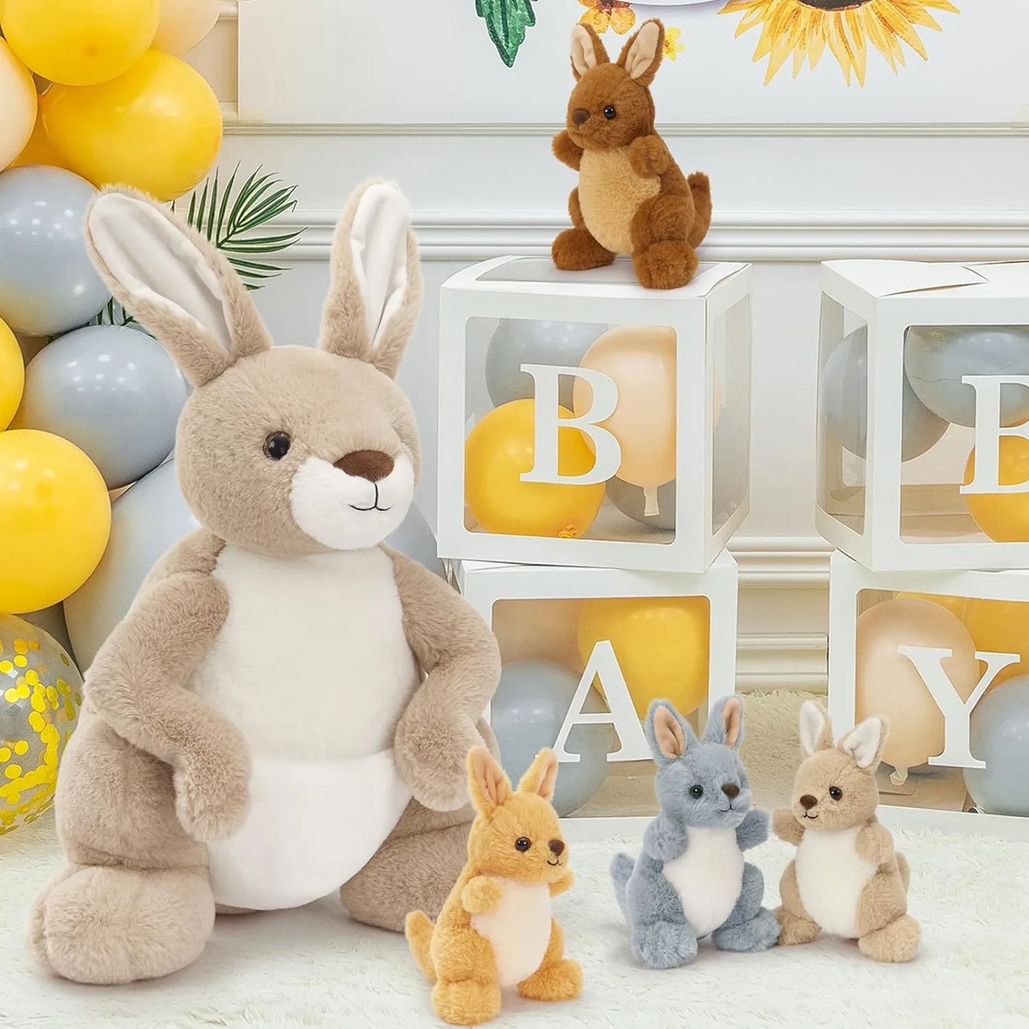 MaoGoLan 5 Pcs Kangaroo Stuffed Animals with Pouch for Girl,20" Kangaroo Plush with 4 Small Babies Wallaby for Party Favor,Mama Baby Wallaby Stuffed Animal for Christmas Birthday