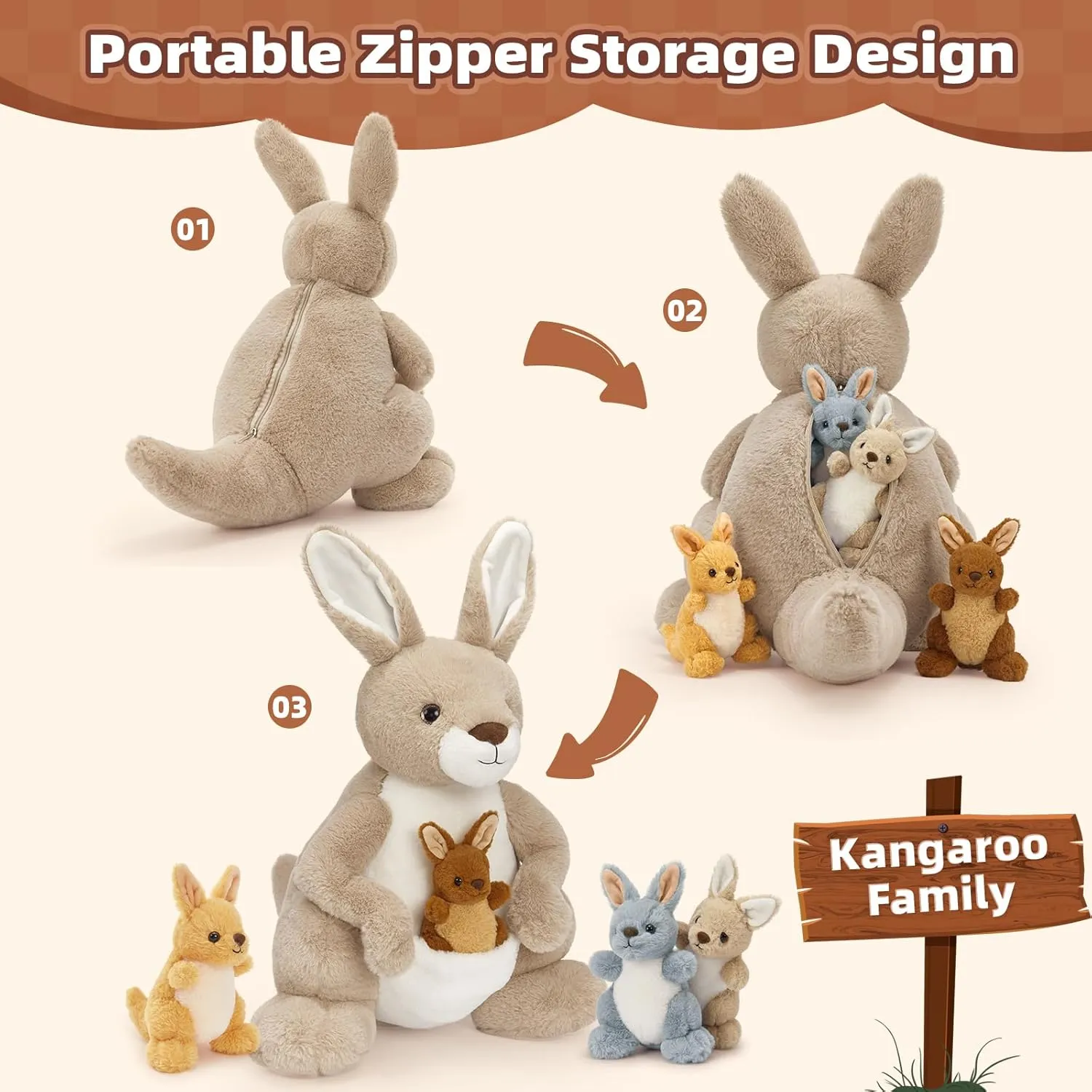 MaoGoLan 5 Pcs Kangaroo Stuffed Animals with Pouch for Girl,20" Kangaroo Plush with 4 Small Babies Wallaby for Party Favor,Mama Baby Wallaby Stuffed Animal for Christmas Birthday