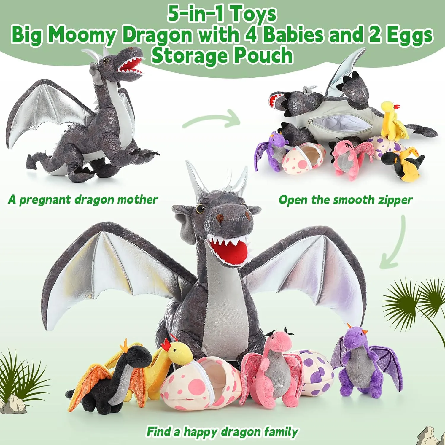MaoGoLan 7 Pcs Dragon Plush Toy Set for Kid, 22 inch, Large Dragon Stuffed Animal with 4 Babies and 2 Eggs in Mom's Belly,Dinosaur Plush Gifts for Boy Girl Birthday Christmas Party Decor Gray