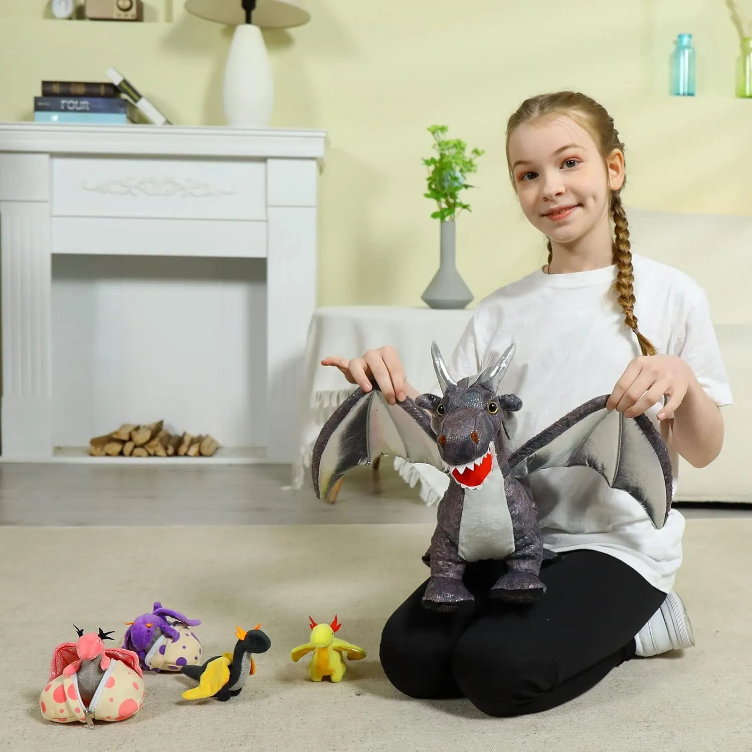 MaoGoLan 7 Pcs Dragon Plush Toy Set for Kid, 22 inch, Large Dragon Stuffed Animal with 4 Babies and 2 Eggs in Mom's Belly,Dinosaur Plush Gifts for Boy Girl Birthday Christmas Party Decor Gray