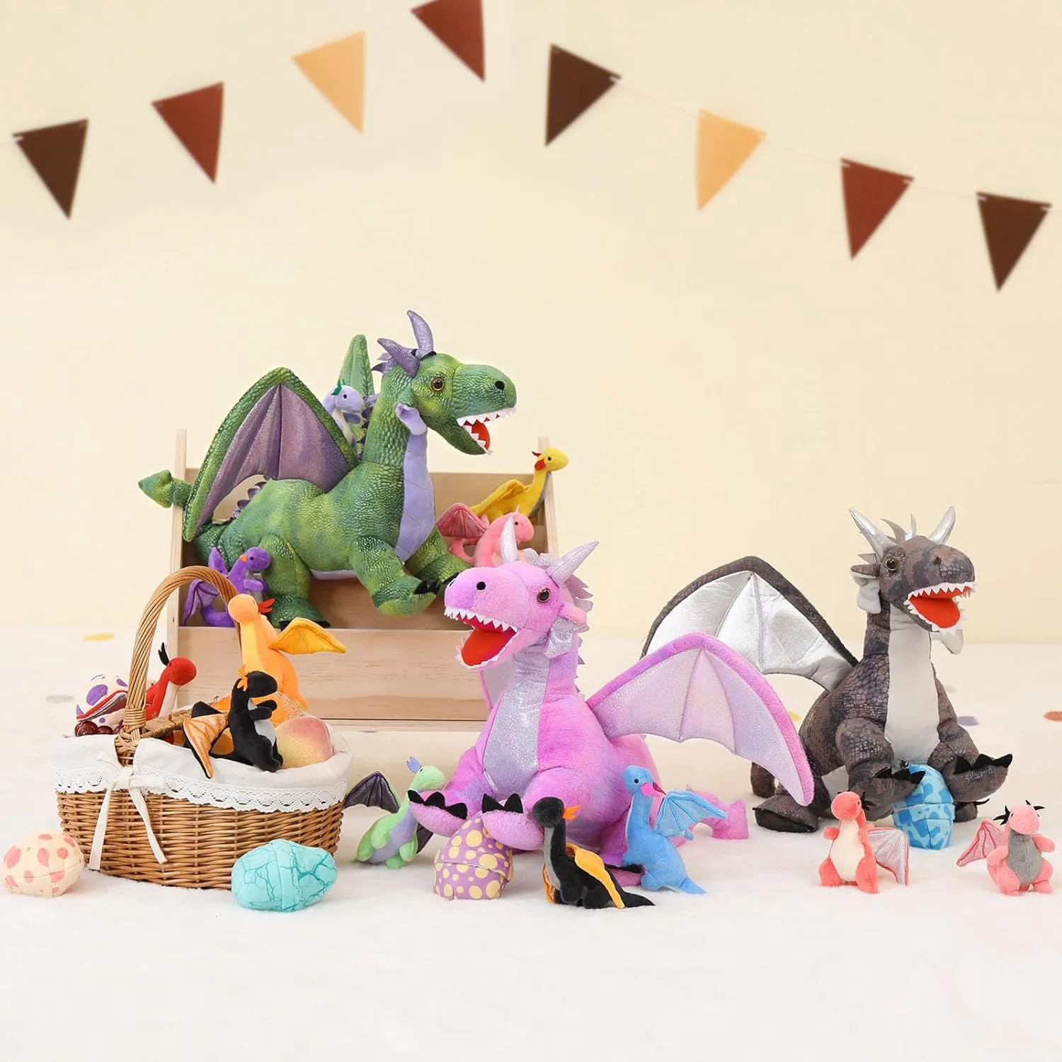 MaoGoLan 7 Pcs Dragon Plush Toy Set for Kid, 22 inch, Large Dragon Stuffed Animal with 4 Babies and 2 Eggs in Mom's Belly,Dinosaur Plush Gifts for Boy Girl Birthday Christmas Party Decor Gray