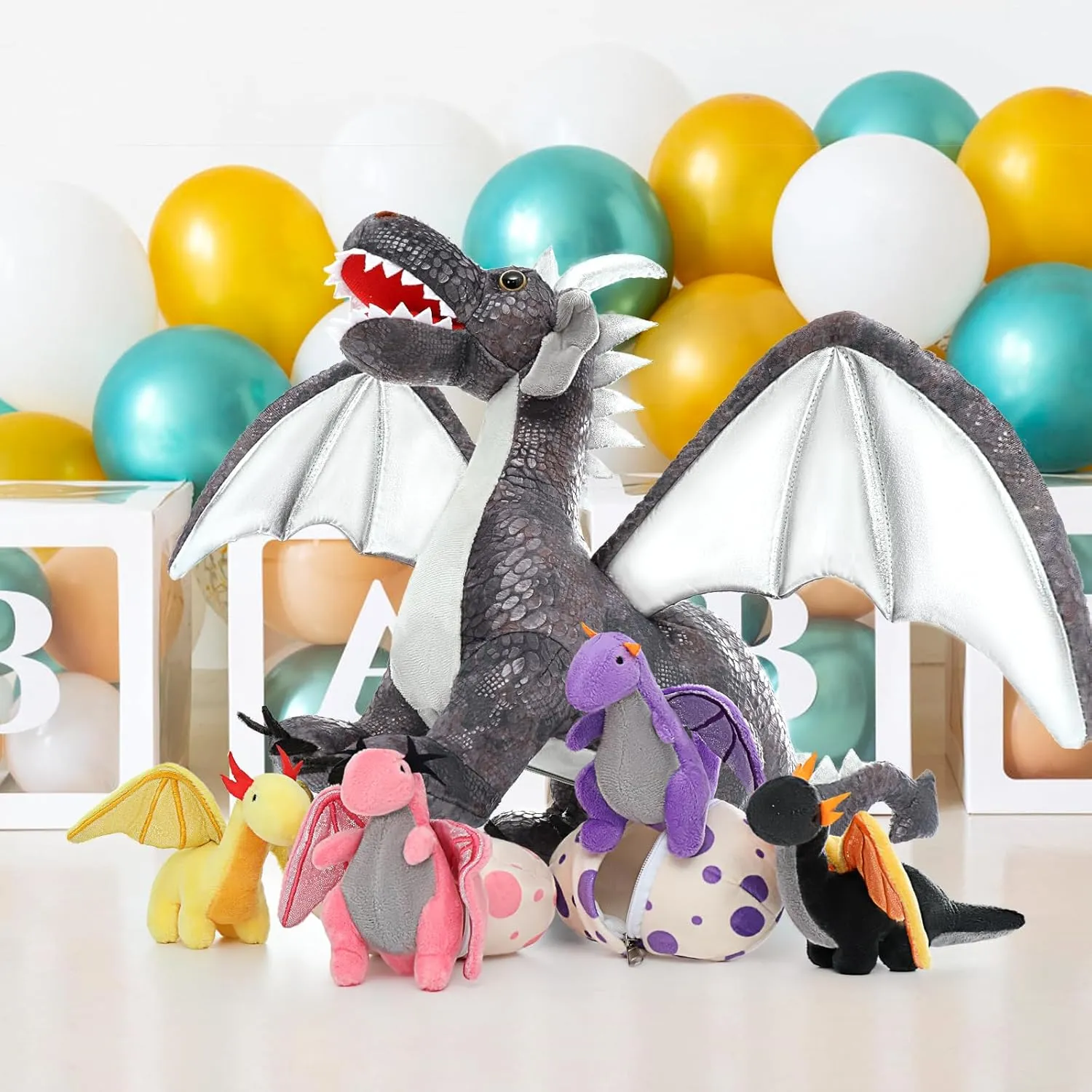 MaoGoLan 7 Pcs Dragon Plush Toy Set for Kid, 22 inch, Large Dragon Stuffed Animal with 4 Babies and 2 Eggs in Mom's Belly,Dinosaur Plush Gifts for Boy Girl Birthday Christmas Party Decor Gray