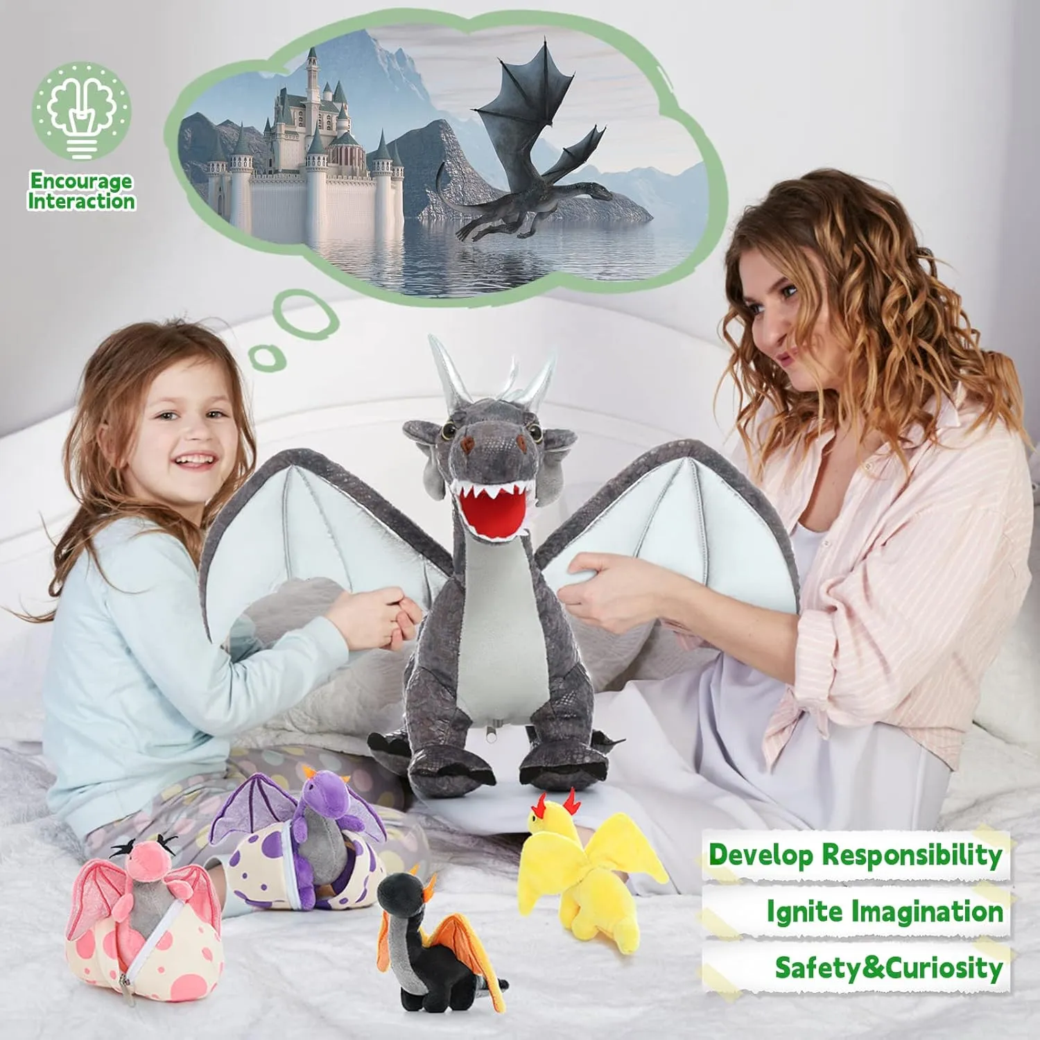 MaoGoLan 7 Pcs Dragon Plush Toy Set for Kid, 22 inch, Large Dragon Stuffed Animal with 4 Babies and 2 Eggs in Mom's Belly,Dinosaur Plush Gifts for Boy Girl Birthday Christmas Party Decor Gray