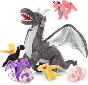 MaoGoLan 7 Pcs Dragon Plush Toy Set for Kid, 22 inch, Large Dragon Stuffed Animal with 4 Babies and 2 Eggs in Mom's Belly,Dinosaur Plush Gifts for Boy Girl Birthday Christmas Party Decor Gray
