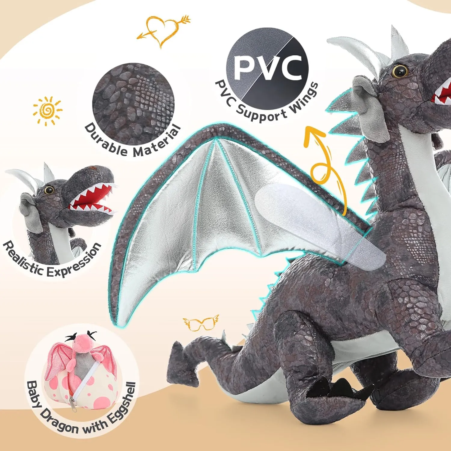 MaoGoLan 7 Pcs Dragon Plush Toy Set for Kid, 22 inch, Large Dragon Stuffed Animal with 4 Babies and 2 Eggs in Mom's Belly,Dinosaur Plush Gifts for Boy Girl Birthday Christmas Party Decor Gray