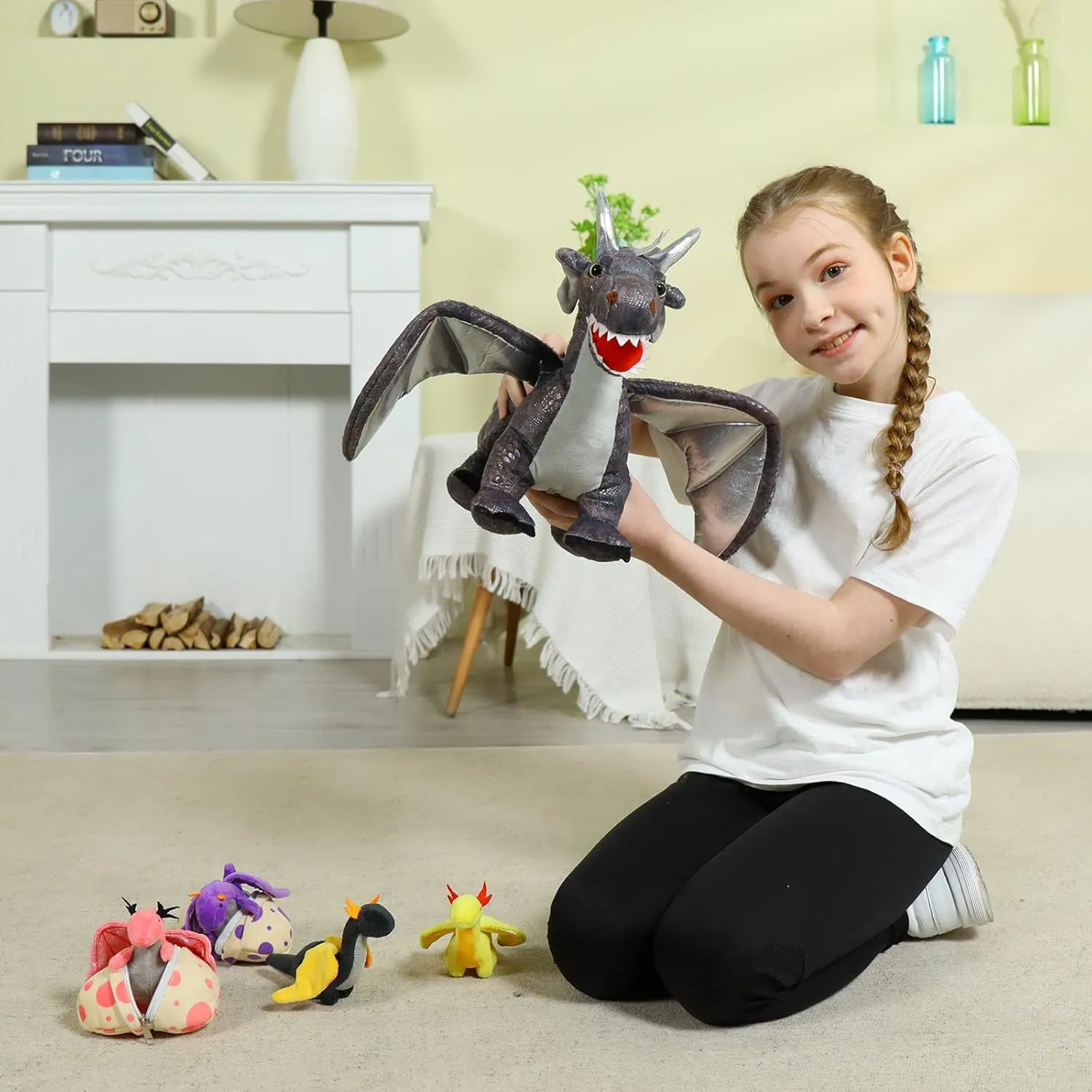 MaoGoLan 7 Pcs Dragon Plush Toy Set for Kid, 22 inch, Large Dragon Stuffed Animal with 4 Babies and 2 Eggs in Mom's Belly,Dinosaur Plush Gifts for Boy Girl Birthday Christmas Party Decor Gray