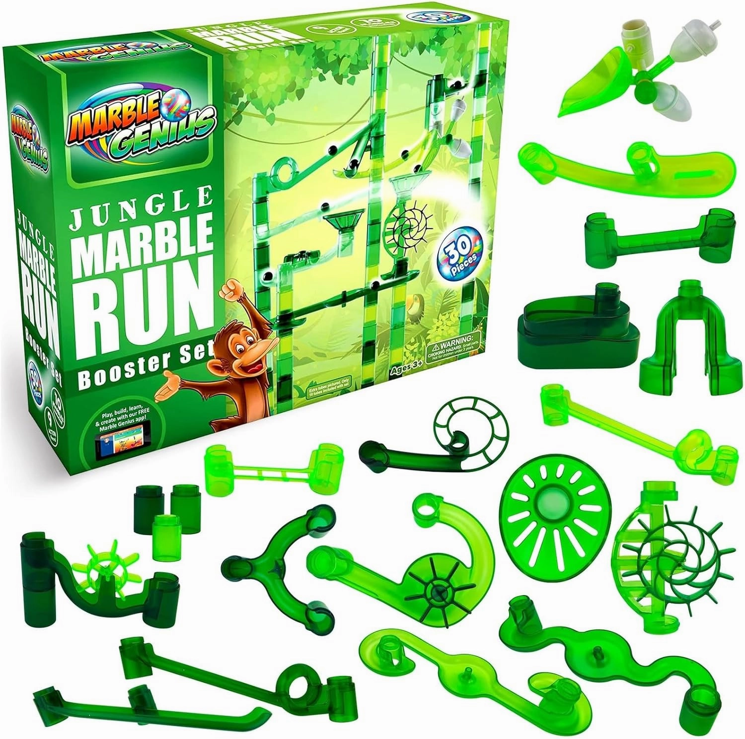 Marble Genius Marble Run Booster Set - 30 Pieces Total (10 Action Pieces Included), Construction Building Blocks Toys for Ages 3 and Above, with Instruction App Access, Add-On Set, Jungle