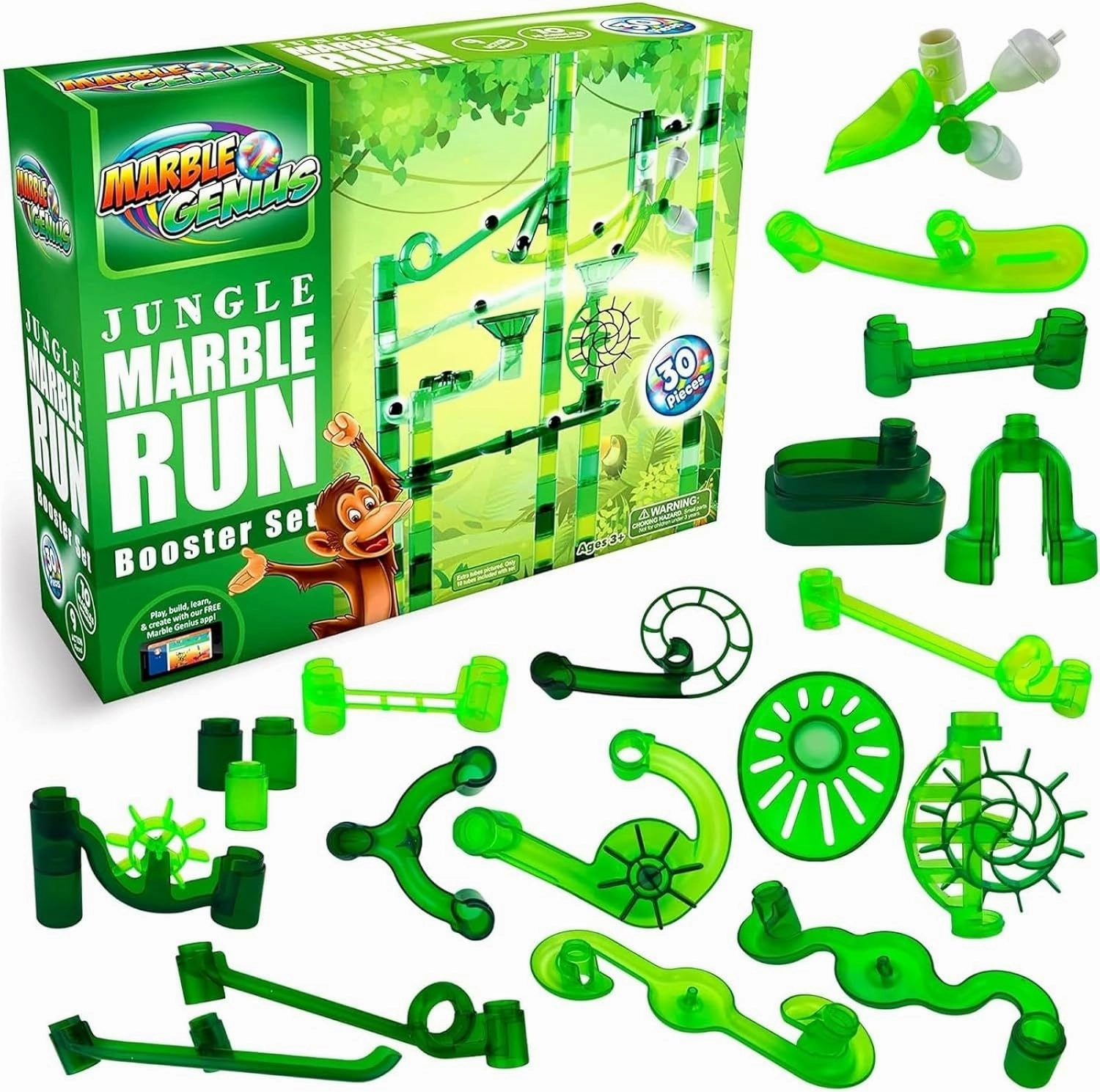 Marble Genius Marble Run Booster Set - 30 Pieces Total (10 Action Pieces Included), Construction Building Blocks Toys for Ages 3 and Above, with Instruction App Access, Add-On Set, Jungle