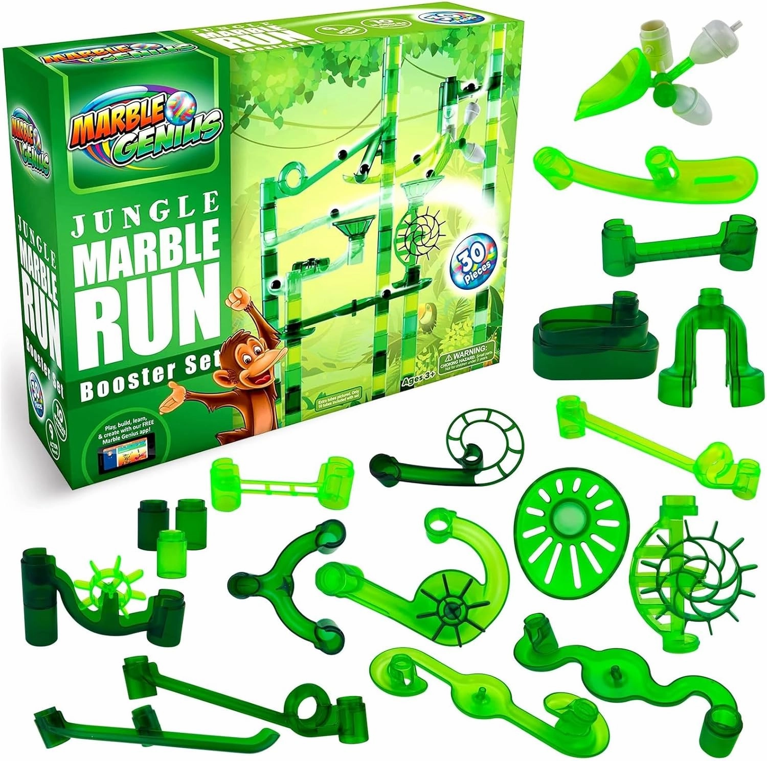 Marble Genius Marble Run Booster Set - 30 Pieces Total (10 Action Pieces Included), Construction Building Blocks Toys for Ages 3 and Above, with Instruction App Access, Add-On Set, Jungle
