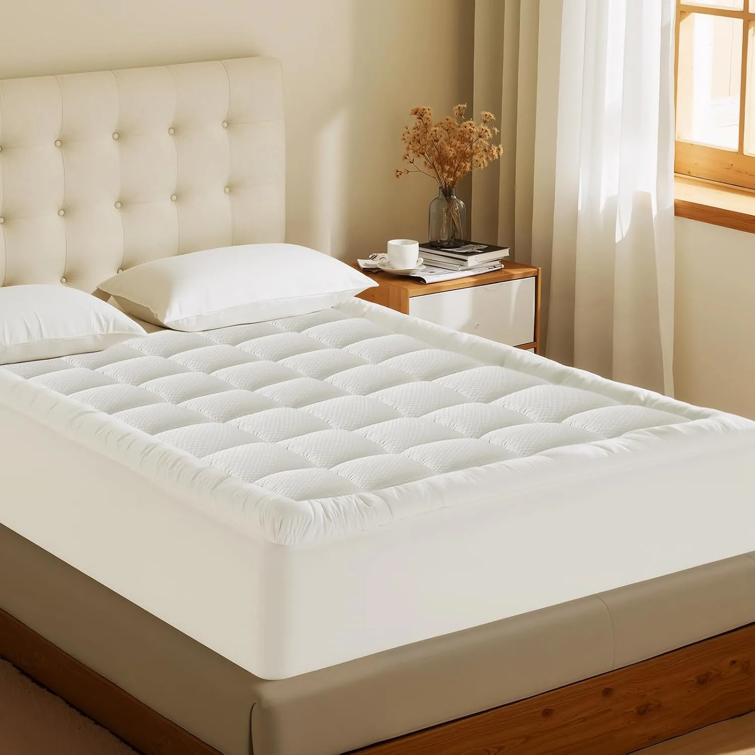MATBEBY Queen Size Mattress Pad - Cooling Breathable Mattress Topper, Quilted Fitted Mattress Protector, Pillow Top Mattress Cover with 8-21" Deep Pocket, Soft, Machine Washable, White, 60x80 Inches