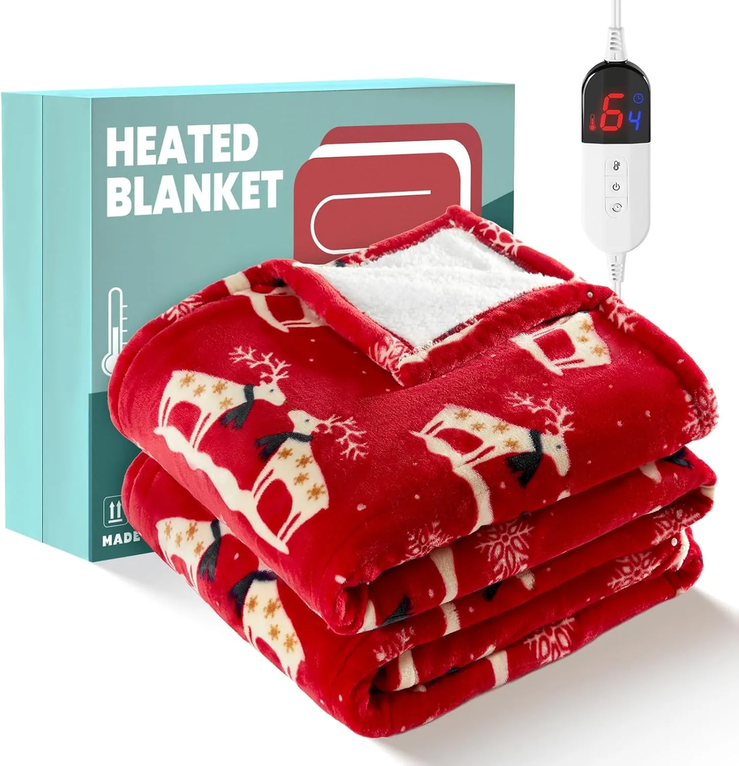 MAXEVE Christmas Electric Throw Blanket - 50"x60" Heated Throw Blanket for Couch Sofa Bed, 6 Heat Levels & 4-Hour Auto-Off, Machine Washable, FCC & ETL, Red Deer