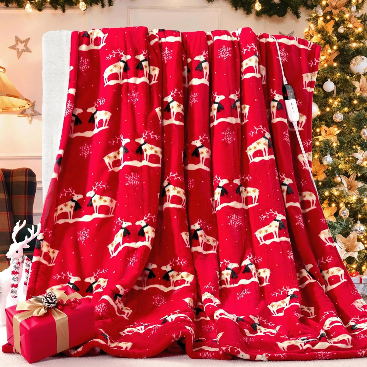MAXEVE Christmas Electric Throw Blanket - 50"x60" Heated Throw Blanket for Couch Sofa Bed, 6 Heat Levels & 4-Hour Auto-Off, Machine Washable, FCC & ETL, Red Deer