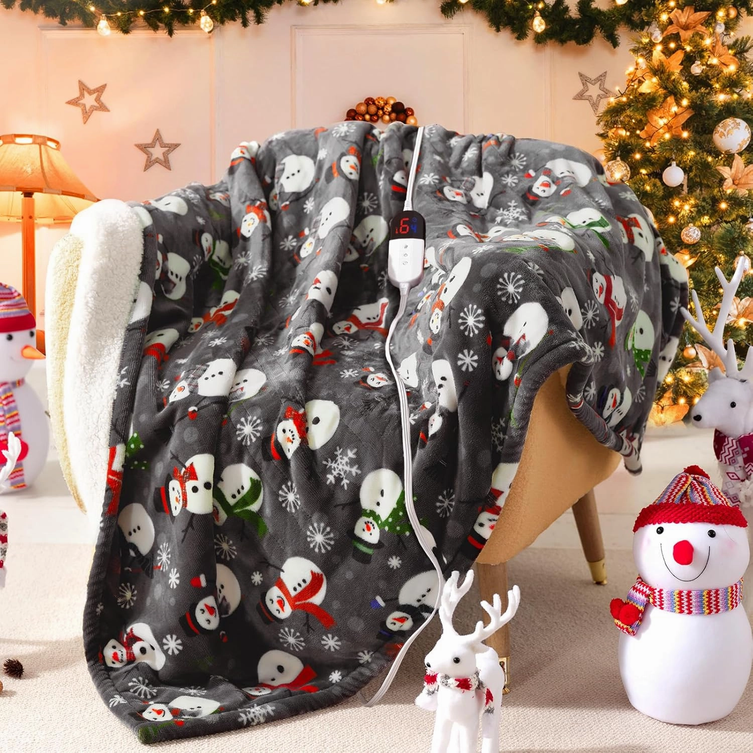 MAXEVE Christmas Heated Throw Blanket Electric Blanket Soft Cozy Heating Blanket for Couch Sofa Bed, 6 Heat Levels & 4-Hour Auto-Off, Machine Washable, FCC & ETL(50"x60", Gray Snowman)
