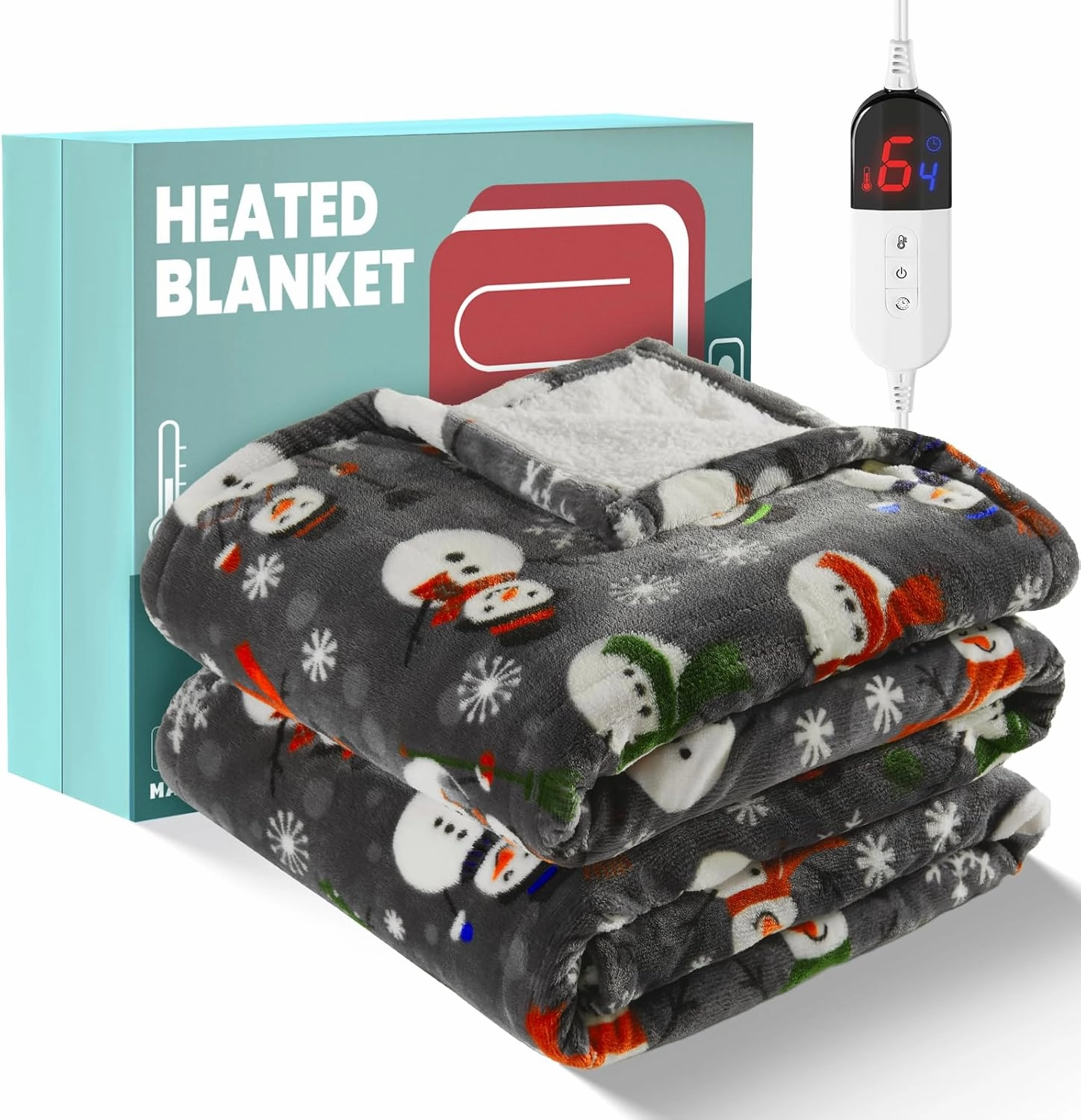 MAXEVE Christmas Heated Throw Blanket Electric Blanket Soft Cozy Heating Blanket for Couch Sofa Bed, 6 Heat Levels & 4-Hour Auto-Off, Machine Washable, FCC & ETL(50"x60", Gray Snowman)