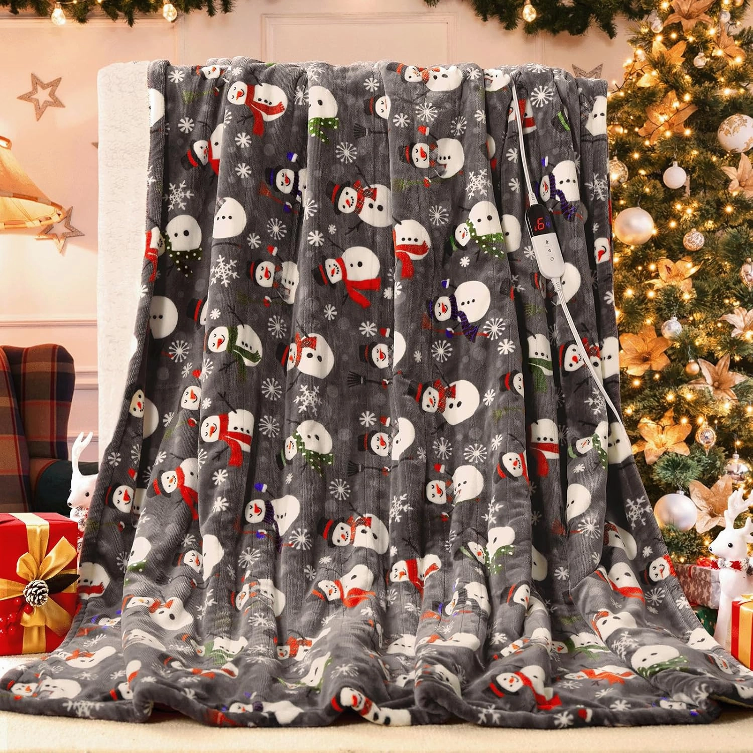 MAXEVE Christmas Heated Throw Blanket Electric Blanket Soft Cozy Heating Blanket for Couch Sofa Bed, 6 Heat Levels & 4-Hour Auto-Off, Machine Washable, FCC & ETL(50"x60", Gray Snowman)