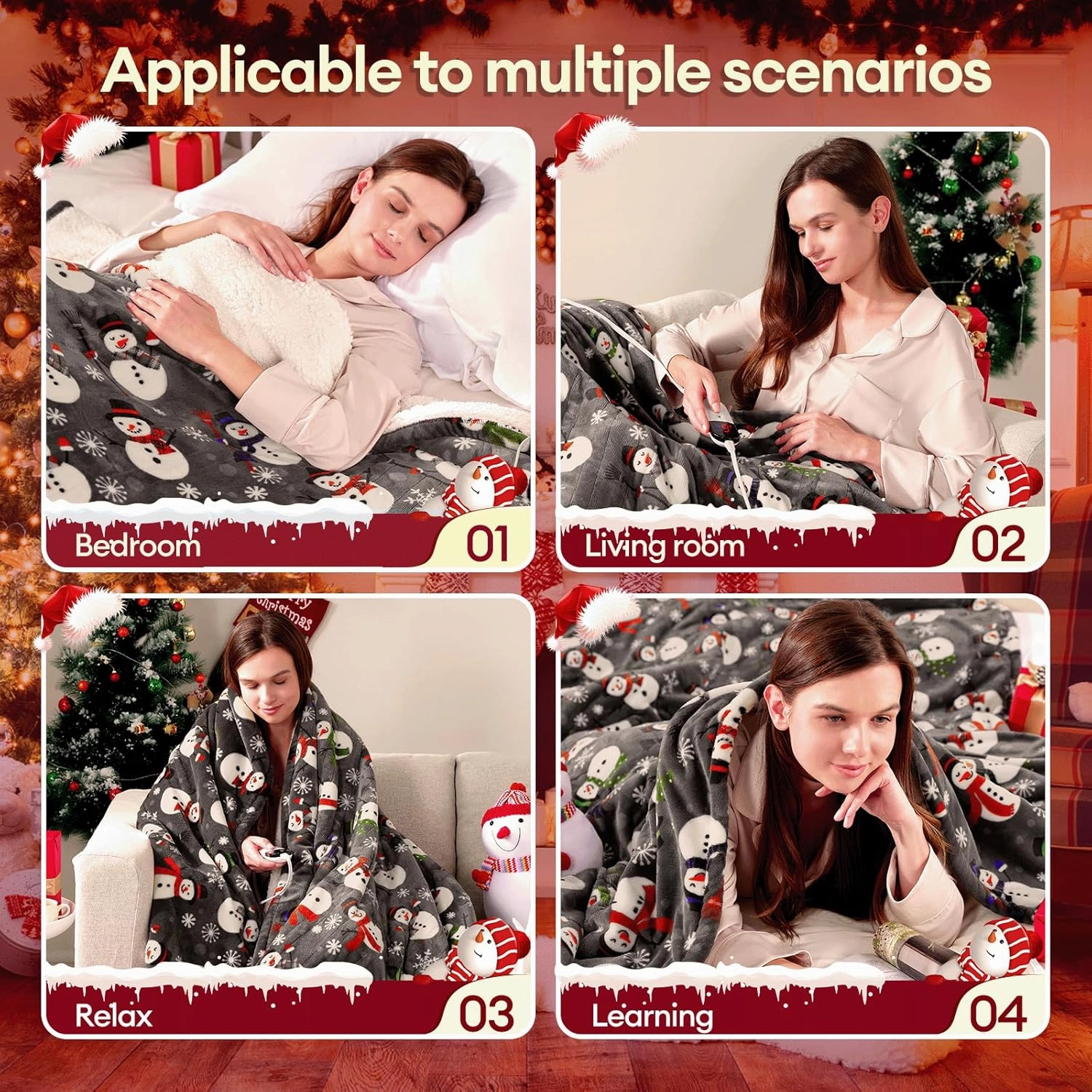 MAXEVE Christmas Heated Throw Blanket Electric Blanket Soft Cozy Heating Blanket for Couch Sofa Bed, 6 Heat Levels & 4-Hour Auto-Off, Machine Washable, FCC & ETL(50"x60", Gray Snowman)