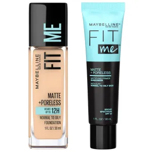 Maybelline Fit Me Matte   Poreless Liquid Foundation   Fit Me Mattifying Primer Makeup Bundle, Includes 1 Foundation in Classic Ivory and 1 Primer