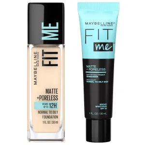 Maybelline Fit Me Matte   Poreless Liquid Foundation   Fit Me Mattifying Primer Makeup Bundle, Includes 1 Foundation in Porcelain and 1 Primer