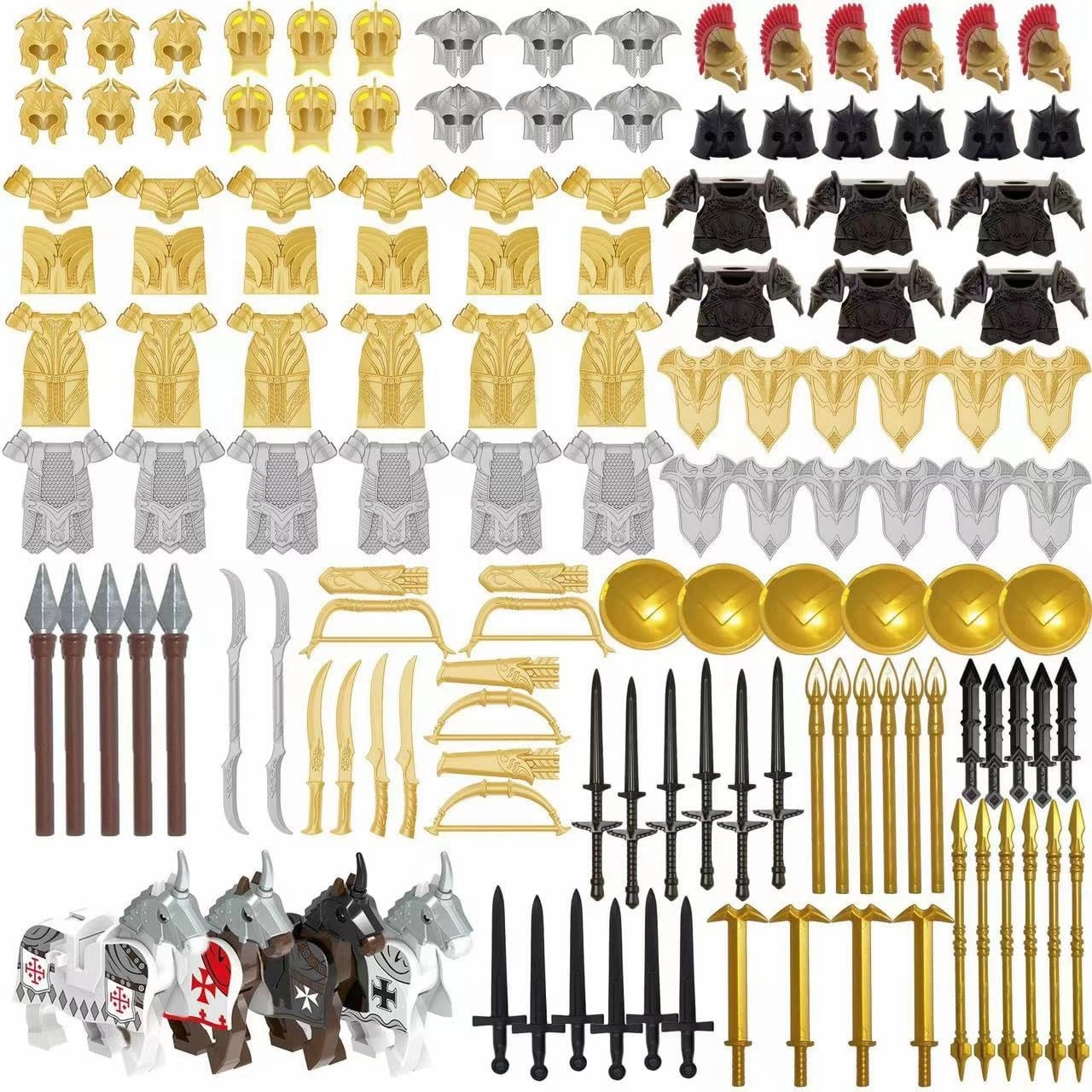 Medieval Weapons Pack for Knight Figures, 124Pcs Medieval Ancient Roman Military Figure Helmet Armor Knight Shield Weapon Kit, Minifigures Weapon Pack Accessories Set, Compatible with Major Brands