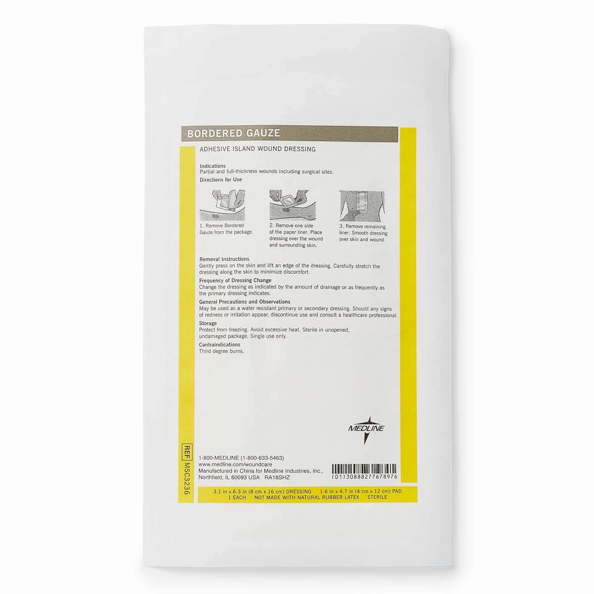 Medline Sterile Bordered Gauze, 3" x 6" with 1.5" x 4" Pad (Pack of 15)