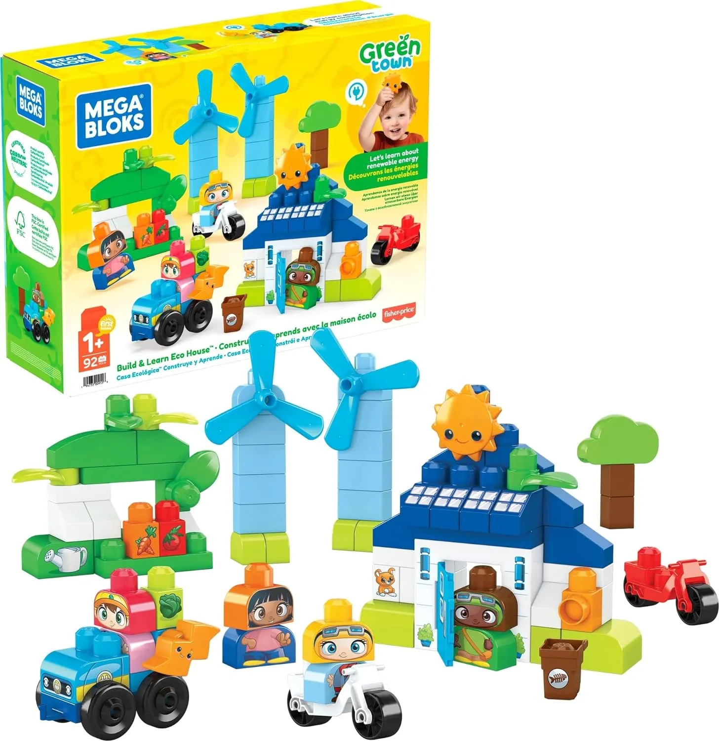MEGA BLOKS Fisher-Price Toddler Blocks Toy Set, Green Town Build ‘n Learn Eco House with 88 Pieces, 4 Figures, Ages 1  Years
