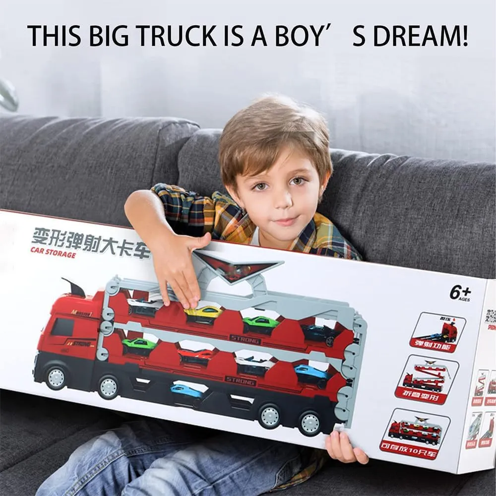 Mega Hauler Truck with Ejection Race Track, Kids' Deform Catapulting and Shooting Big Truck Folding Storage Transporter Toy for Kids 3  Years Old (8 Alloy car)