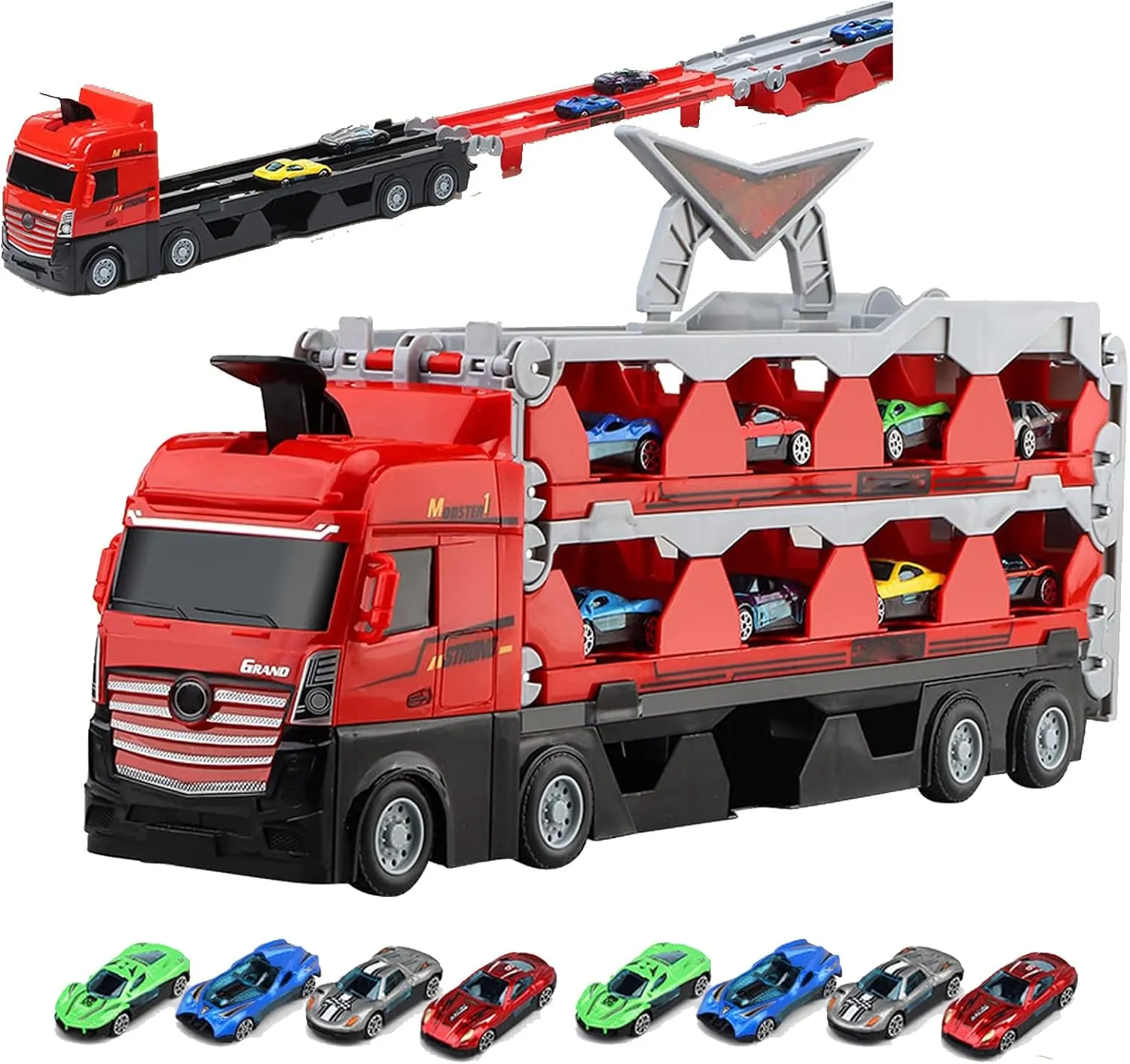 Mega Hauler Truck with Ejection Race Track, Kids' Deform Catapulting and Shooting Big Truck Folding Storage Transporter Toy for Kids 3  Years Old (8 Alloy car)