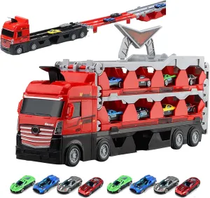 Mega Hauler Truck with Ejection Race Track, Kids' Deform Catapulting and Shooting Big Truck Folding Storage Transporter Toy for Kids 3  Years Old (8 Alloy car)