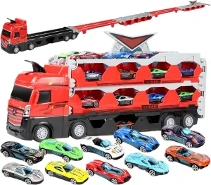 Mega Hauler Truck with Ejection Race Track, Kids Deform Catapulting and Shooting Big Truck Folding Storage Transporter Toy, Toy Truck Transporter Car Carrier for Kids 3  Years Old (24 Car)
