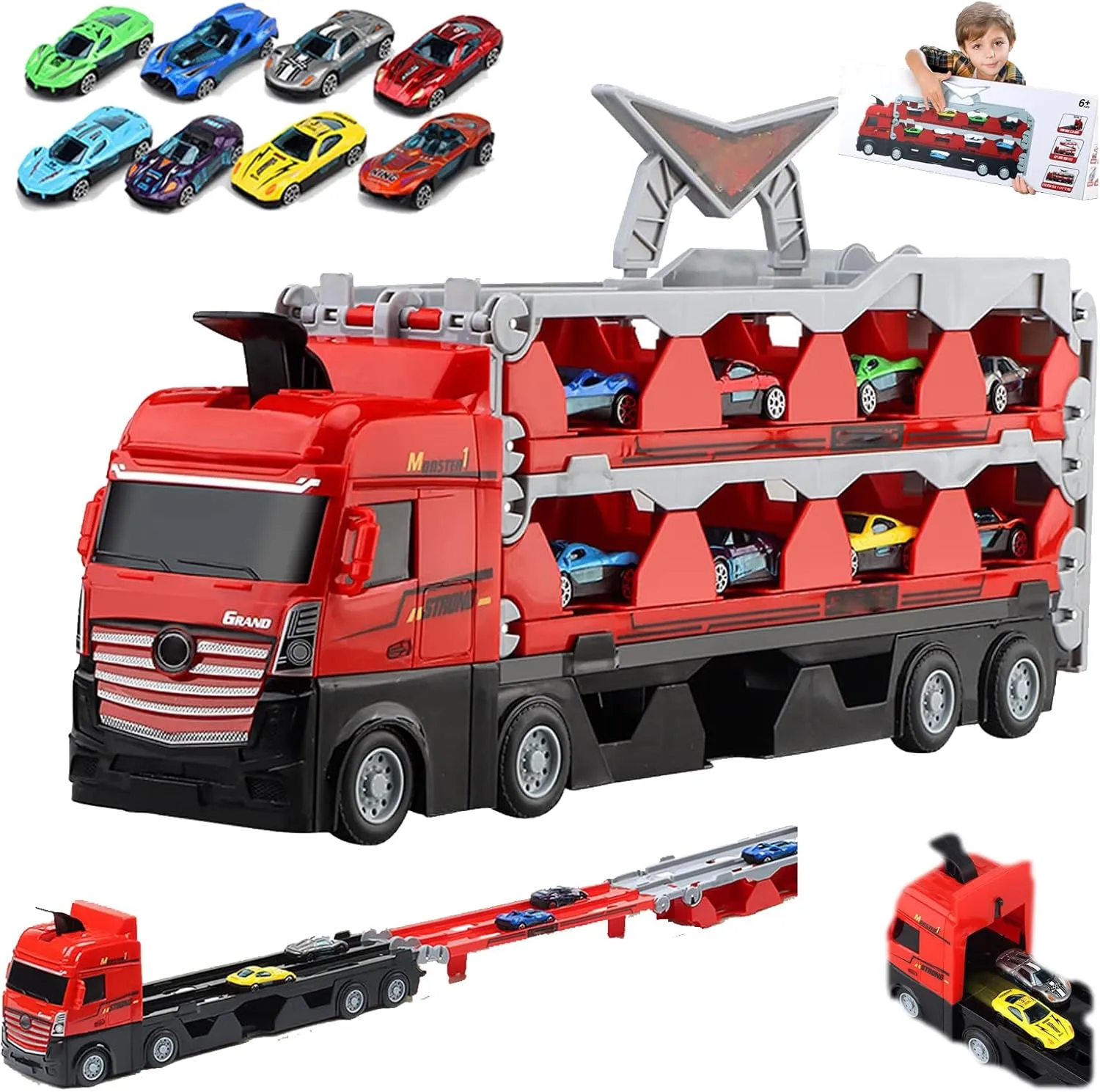 Mega Hauler Truck with Ejection Race Track,oddler Toys for 3  Years Old Boys & Girls (8 Alloy car)