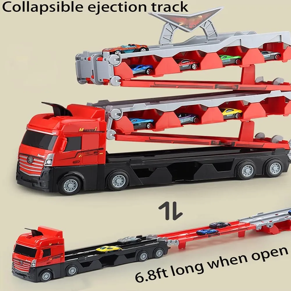 Mega Hauler Truck with Ejection Race Track,oddler Toys for 3  Years Old Boys & Girls (8 Alloy car)