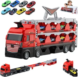 Mega Hauler Truck with Ejection Race Track,oddler Toys for 3  Years Old Boys & Girls (8 Alloy car)