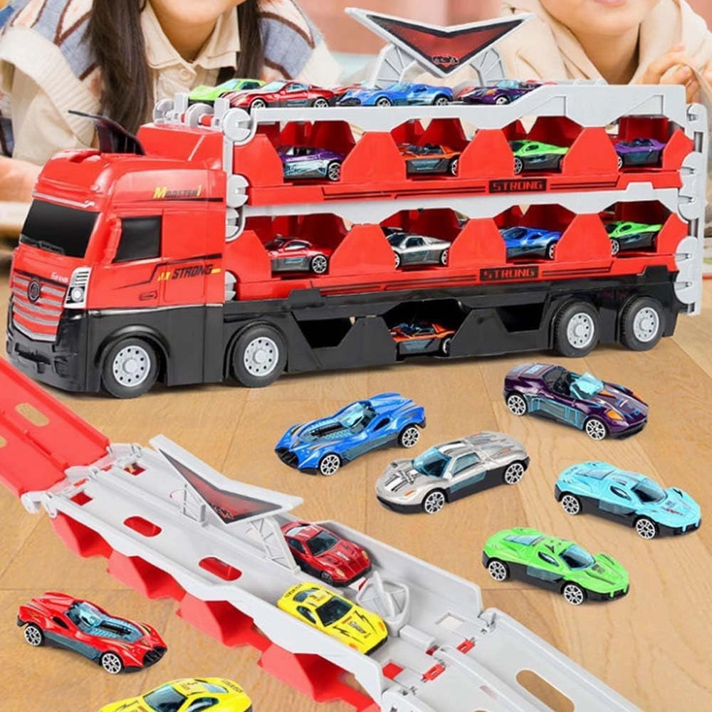 Mega Hauler Truck with Ejection Race Track, 2024 New Transporter Truck Toy Set, Big Truck Folding Storage Race Track Deformation Catapult Alloy Car Toy for Kids Gift (with 24 Racing Cars)