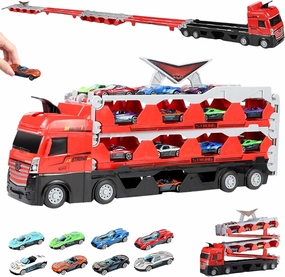 Mega Hauler Truck with Ejection Race Track, 2024 New Transporter Truck Toy Set, Big Truck Folding Storage Race Track Deformation Catapult Alloy Car Toy for Kids Gift (with 24 Racing Cars)