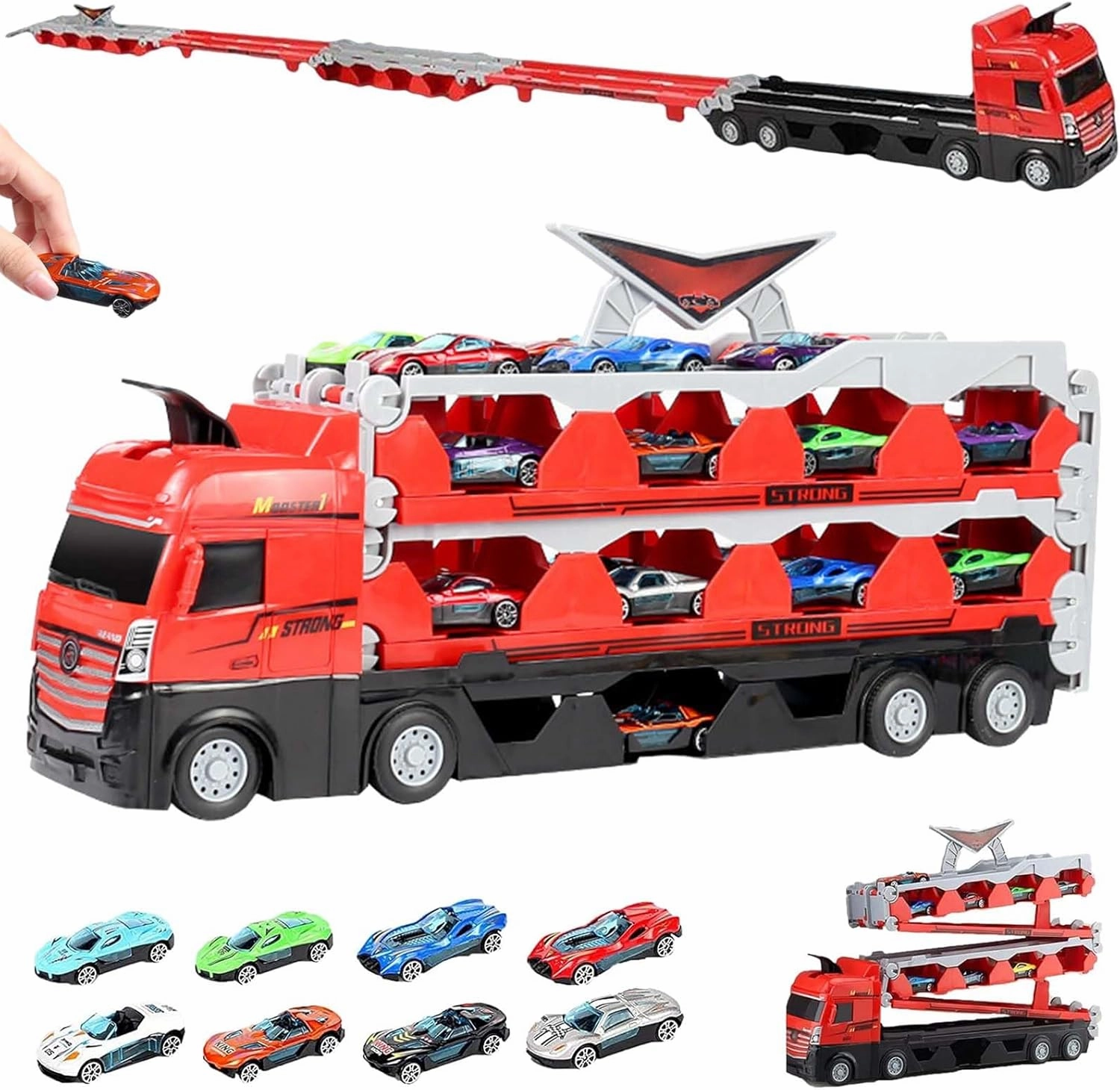 Mega Hauler Truck with Ejection Race Track, 2024 New Transporter Truck Toy Set, Big Truck Folding Storage Race Track Deformation Catapult Alloy Car Toy for Kids Gift (with 24 Racing Cars)