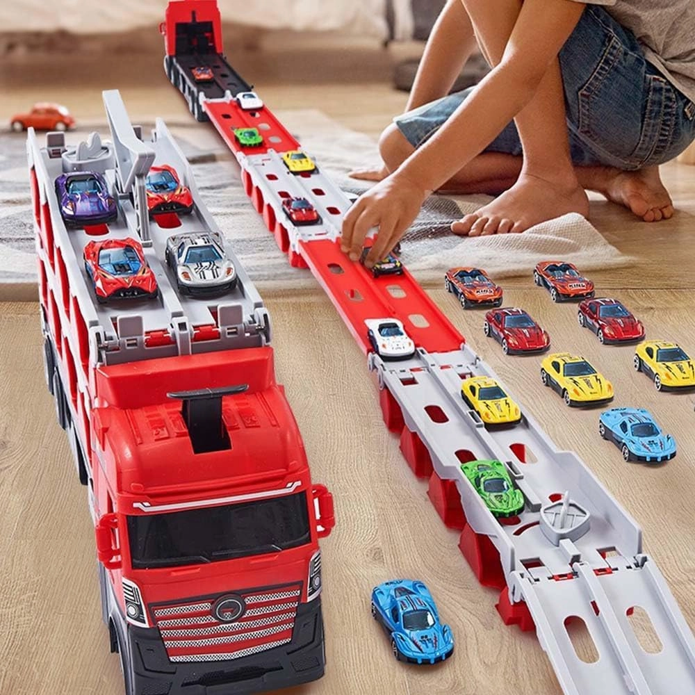 Mega Hauler Truck with Ejection Race Track, 2024 New Transporter Truck Toy Set, Big Truck Folding Storage Race Track Deformation Catapult Alloy Car Toy for Kids Gift (with 24 Racing Cars)
