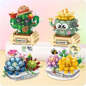 MEIEST 4 PCS Mini Flower Succulent Bonsai Building Blocks,Simulation Pot Plant Particle Botanical Collection Construction Building Bricks Toy,Home Decors (Series-1)