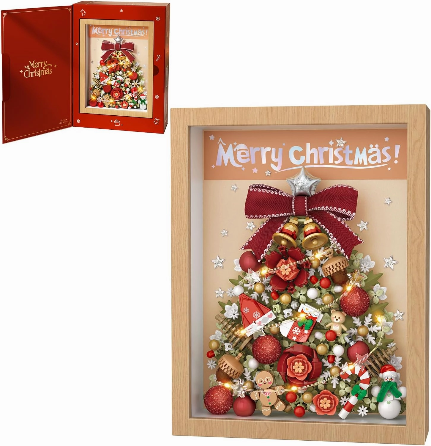 MEIEST Christmas Tree Picture Frame Building Blocks Set,Creative Xmas Building Set with Exquisite Frame,Fantasy Building Bricks Toys,Home Decor (Red)
