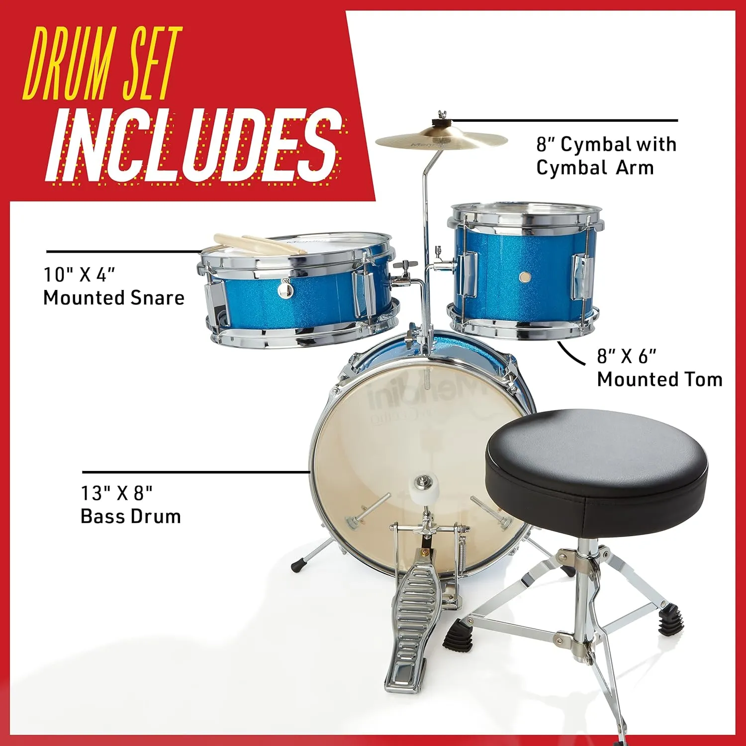 Mendini By Cecilio Kids Drum Set, 3 Piece Junior Drum Set for Beginners with Bass Tom Snare Drum, 13 inch Drum Kit with Snare, Cymbal, Drumsticks, Adjustable Seat (Sky Blue)