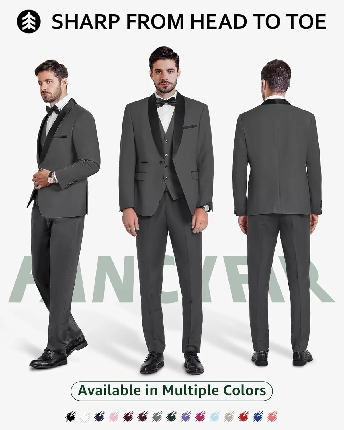 Men's Slim Fit 3-Piece Tuxedo Set, One Button Shawl Collar Jacket Vest Pants for Party, Business and Wedding