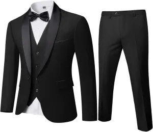 Men's Slim Fit 3-Piece Tuxedo Set, One Button Shawl Collar Jacket Vest Pants for Party, Business and Wedding