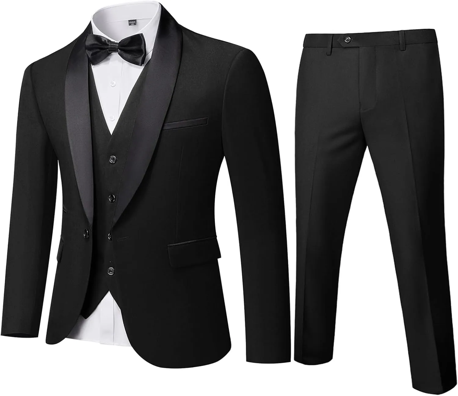 Men's Slim Fit 3-Piece Tuxedo Set, One Button Shawl Collar Jacket Vest Pants for Party, Business and Wedding