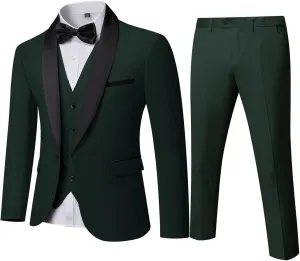 Men's Slim Fit 3-Piece Tuxedo Set, One Button Shawl Collar Jacket Vest Pants for Party, Business and Wedding