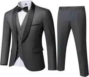 Men's Slim Fit 3-Piece Tuxedo Set, One Button Shawl Collar Jacket Vest Pants for Party, Business and Wedding
