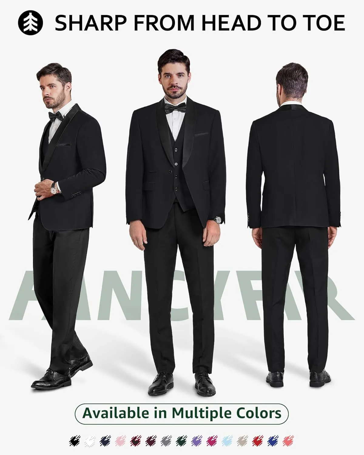 Men's Slim Fit 3-Piece Tuxedo Set, One Button Shawl Collar Jacket Vest Pants for Party, Business and Wedding